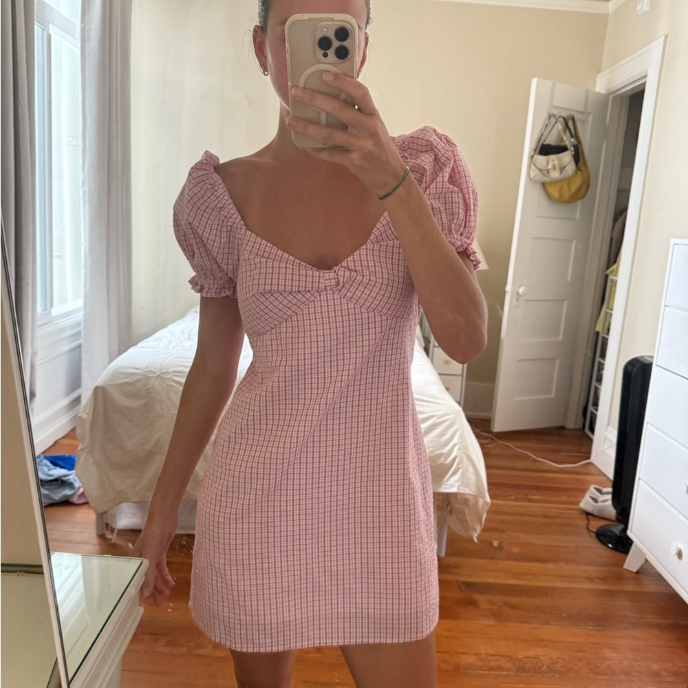 BP Pink Plaid Puff Sleeve Mini Dress (size small)